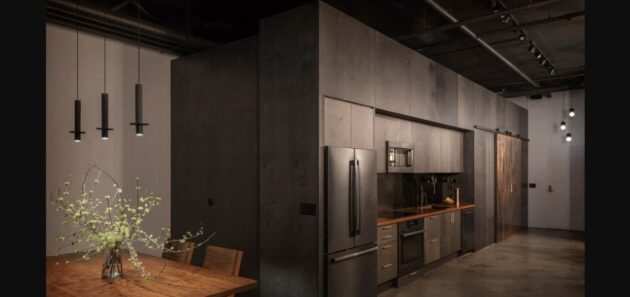 Stained plywood box houses kitchen and bedroom in renovated Seattle condo